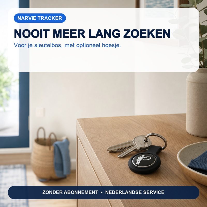 Narvie Tracker met sleutelhangerhoesje aan een sleutelbos